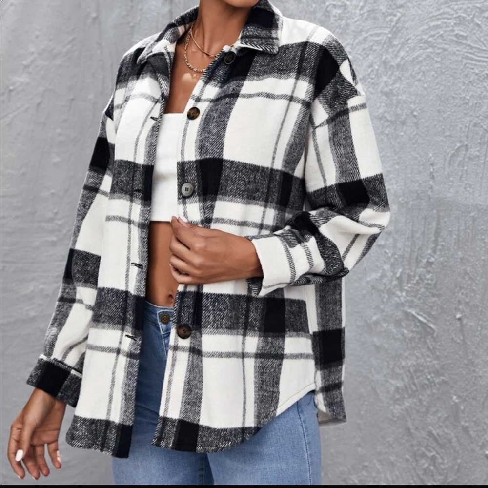 Plaid trucker jacket boyfriend fit black white - Picture 1 of 2